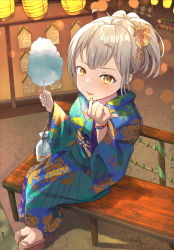Rule 34 | 1girl, :p, ahoge, blue kimono, brown footwear, closed mouth, cotton candy, floral print, food, food on face, grey hair, hair ornament, hairclip, hands up, highres, holding, holding food, japanese clothes, kimono, lantern, long sleeves, looking at viewer, mosta (lo1777789), obi, on bench, original, paper lantern, platform clogs, platform footwear, ponytail, print kimono, sandals, sash, sitting, smile, solo, star (symbol), star hair ornament, tongue, tongue out, wide sleeves, yellow eyes, zouri