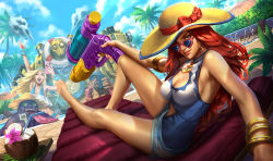 Rule 34 | 2boys, 2girls, armlet, barefoot, blitzcrank, blonde hair, blue-tinted eyewear, blue eyes, bracelet, breasts, cellphone, cleavage, cleavage cutout, clothing cutout, colored skin, curly hair, dr. mundo, feather boa, grey eyes, hairband, hat, heart, heart-shaped eyewear, heart-shaped sunglasses, jewelry, large breasts, league of legends, lee sin, lifebuoy, long hair, long tongue, looking at viewer, looking back, lux (league of legends), miss fortune (league of legends), multiple boys, multiple girls, official art, one-piece swimsuit, palm tree, phone, pool, pool party miss fortune, purple skin, red hair, robot, sitting, smartphone, straw hat, sun hat, super soaker, swim ring, swimsuit, tinted eyewear, tongue, tongue out, tree, water gun