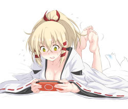 Rule 34 | 10s, 1girl, barefoot, blonde hair, blush, breasts, cleavage, clenched teeth, collarbone, feet, feet together, flying sweatdrops, full body, green eyes, handheld game console, holding, inari konkon koi iroha., japanese clothes, kazuma muramasa, large breasts, legs up, lying, on stomach, playing games, playstation portable, ponytail, ribbon, ribbon-trimmed sleeves, ribbon trim, sidelocks, soles, solo, sony, teeth, toes, uka-no-mitama-no-kami (inakon), white background, wide sleeves