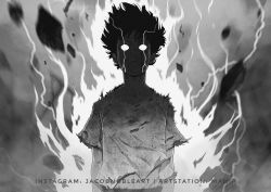 Rule 34 | 1boy, absurdres, arms at sides, artist name, artstation username, aura, belt, glowing, glowing eyes, grey background, greyscale, highres, instagram username, kageyama shigeo, looking at viewer, male focus, manip, mob psycho 100, monochrome, rubble, shirt, solo, spiked hair, standing, t-shirt, torn clothes, upper body, watermark