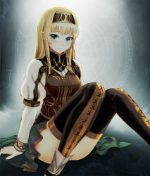 Rule 34 | 1girl, alicia (valkyrie profile 2), armor, blonde hair, boots, breasts, commentary request, green eyes, hairband, headband, long hair, looking at viewer, magic circle, medium breasts, overskirt, panties, pantyshot, princess, puffy sleeves, sakihana yoshito, sitting, skirt, solo, thigh boots, thighhighs, underwear, valkyrie profile (series), valkyrie profile 2: silmeria