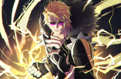 Rule 34 | 1boy, biker clothes, blonde hair, electricity, fate/grand order, fate (series), fingerless gloves, gloves, jacket, leather, leather jacket, long sleeves, looking at viewer, male focus, sakata kintoki (fate), sakata kintoki (rider) (fate), short hair, smile, solo, spiked hair, sunglasses, upper body, zanshi
