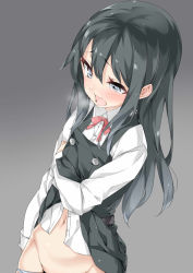 Rule 34 | 10s, 1girl, asashio (kancolle), belt, black hair, blue eyes, blue panties, blush, buttons, clothes lift, collared shirt, cowboy shot, dress, dress lift, drooling, ebifurya, eyebrows, gradient background, grey background, groin, hair between eyes, heavy breathing, highres, kantai collection, long hair, long sleeves, looking down, navel, neck ribbon, open mouth, out-of-frame censoring, panties, panty pull, pinafore dress, red ribbon, ribbon, saliva, shirt, skirt, skirt lift, sleeveless, sleeveless dress, solo, stomach, torogao, underwear, white panties, white shirt
