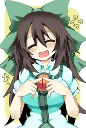 Rule 34 | 1girl, :d, black hair, bow, breasts, closed eyes, collarbone, finger touching, flying sweatdrops, green bow, hair bow, highres, honyaa (honya--1123), large breasts, long hair, open mouth, reiuji utsuho, short sleeves, simple background, smile, solo, third eye, touhou, upper body, yellow background