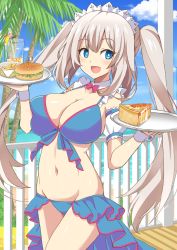 Rule 34 | 1girl, bare shoulders, beach, bikini, blue bikini, blue eyes, blue sky, blush, breast expansion, breasts, burger, cleavage, collarbone, commission, fate/grand order, fate (series), food, french fries, highres, large breasts, long hair, looking at viewer, maid headdress, marie antoinette (fate), marie antoinette (fate/grand order), marie antoinette (swimsuit caster) (fate), marie antoinette (swimsuit caster) (third ascension) (fate), navel, open mouth, pixiv commission, pizza, plate, shimouki izui, silver hair, sky, smile, solo, standing, swimsuit, thighs, twintails, very long hair