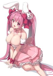 Rule 34 | 1girl, absurdres, animal ears, arukiru, bare shoulders, bow, breasts, di gi charat, dice, dice hair ornament, dress, fake animal ears, feet out of frame, hair ornament, highres, large breasts, leotard, long hair, nails, open mouth, pink dress, pink eyes, pink hair, rabbit ears, skirt, smile, twintails, usada hikaru, white background