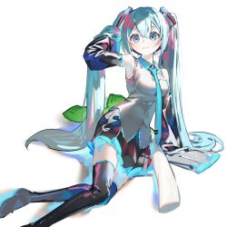 Rule 34 | 1girl, :3, aqua hair, arm support, arm up, armpits, bare shoulders, black footwear, black skirt, black sleeves, blue eyes, blue necktie, blue trim, boots, detached sleeves, full body, grey shirt, hair between eyes, hair lift, hair ornament, hand in own hair, hatsune miku, highres, knees together feet apart, long hair, long sleeves, looking at viewer, mizumi zumi, necktie, oversized object, pleated skirt, shirt, simple background, sitting, skirt, sleeveless, sleeveless shirt, sleeves past fingers, sleeves past wrists, solo, spring onion, thigh boots, thighhighs, twintails, vocaloid, white background, zettai ryouiki