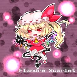 Rule 34 | 1girl, blouse, character name, chibi, collared shirt, embodiment of scarlet devil, female focus, flandre scarlet, full body, hair between eyes, hat, mob cap, purple background, shirt, solo, thighhighs, touhou, white hat, white shirt, white thighhighs, wings, yukimimi