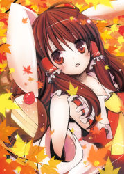 Rule 34 | 1girl, animal ears, ascot, autumn leaves, bad id, bad pixiv id, bow, brown hair, rabbit ears, cake, catbell, detached sleeves, female focus, food, hair bow, hakurei reimu, japanese clothes, kemonomimi mode, leaf, long hair, maple leaf, miko, red eyes, solo, touhou