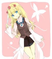 Rule 34 | 1girl, bad id, bad pixiv id, blonde hair, blue eyes, braid, bug, butterfly, coat, feathers, flower, hair ornament, hairpin, insect, jewelry, long hair, necklace, pink background, shirley fennes, shorts, sidelocks, simple background, smile, solo, tales of (series), tales of legendia, touyama soboro
