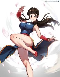 Rule 34 | 1girl, absurdres, black hair, breasts, calm, chi-chi (dragon ball), chinese clothes, dragon ball, dragon ball (classic), falling petals, fighting stance, highres, large breasts, long hair, martial arts, pea-bean, petals, red wristband, solo, tagme, thick thighs, thighs