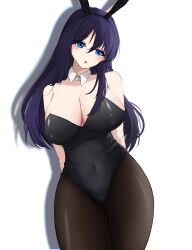 Rule 34 | 1girl, absurdres, animal ears, bare shoulders, black leotard, blue eyes, breasts, cleavage, commentary, covered navel, detached collar, english commentary, fake animal ears, highres, large breasts, leotard, long hair, looking at viewer, naoruhinata, open mouth, original, pantyhose, playboy bunny, purple hair, rabbit ears, simple background, solo, standing, strapless, strapless leotard, very long hair, white background