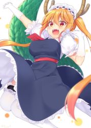 Rule 34 | 10s, 1girl, :d, apron, arm up, bad id, bad twitter id, blonde hair, blurry, blush, breasts, brown eyes, depth of field, dragon horns, dragon tail, frilled thighhighs, frills, gloves, hair between eyes, hand up, highres, horns, kobayashi-san chi no maidragon, large breasts, large tail, long hair, looking at viewer, maid, maid headdress, navy (navy.blue), open mouth, puffy short sleeves, puffy sleeves, short sleeves, signature, simple background, smile, solo, tail, teeth, thighhighs, tohru (maidragon), twintails, twitter username, very long hair, white background, white gloves, white thighhighs