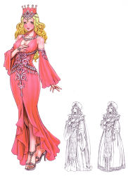 Rule 34 | 1girl, absurdres, blonde hair, breasts, cleavage, crown, detached sleeves, dress, feet, fingernails, full body, gem, halterneck, hat, high heels, highres, jewelry, large breasts, long fingernails, long hair, necklace, non-web source, open shoes, red gemstone, sandals, shoes, simple background, toeless footwear, toes, white background, wide hips, wild flower, yamashita shun&#039;ya, yellow eyes