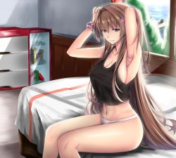 Rule 34 | 1girl, arm up, armpits, bad id, bad pixiv id, black tank top, breasts, cleavage, collarbone, day, flower, hair flower, hair intakes, hair ornament, highres, indoors, kantai collection, kome cola, large breasts, long hair, looking at viewer, morning, navel, ocean, on bed, panties, ponytail, purple eyes, sidelocks, singlet, sitting, solo, tank top, tying hair, underwear, underwear only, very long hair, white panties, window, wristband, yamato (kancolle)
