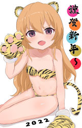 Rule 34 | 1girl, 2022, absurdres, aisaka taiga, animal ears, animal hands, animal print, arm support, bikini, blush, brown eyes, brown hair, chinese zodiac, commentary, commentary request, english commentary, fang, highres, long hair, midriff, mixed-language commentary, mizumi kamijo, navel, open mouth, simple background, sitting, solo, swimsuit, tail, tiger ears, tiger paws, tiger print, tiger tail, toradora!, white background, year of the tiger