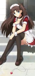 Rule 34 | 1girl, apron, black ribbon, black thighhighs, blue eyes, bow, breasts, brown footwear, brown hair, choker, closed mouth, collarbone, dress, fate/stay night, fate (series), floating hair, frilled dress, frills, full body, gem, hair ribbon, hand on own chest, hand on own knee, highres, jewelry, loafers, looking at viewer, maid, maid apron, maid headdress, mishiro (ixtlolton), necklace, official alternate costume, pendant, red dress, ribbon, shadow, shoes, short sleeves, sitting, smile, solo, stairs, thighhighs, tohsaka rin, two side up, waist bow, white bow, wrist cuffs, zettai ryouiki
