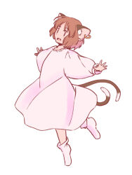 Rule 34 | 1girl, :d, alternate costume, animal ear piercing, arms up, brown hair, cat tail, chen, commentary request, dress, earrings, fang, flat chest, full body, happy, jewelry, multiple tails, nekomata, no headwear, no shoes, open mouth, outstretched arms, petite, rangycrow, short hair, simple background, single earring, smile, socks, solo, standing, standing on one leg, tail, touhou, two tails, white background, white dress