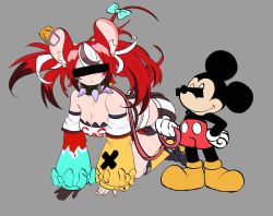 Rule 34 | 1boy, 1girl, all fours, animal ears, breasts, censored, disney, grey background, hakos baelz, highres, hololive, hololive english, identity censor, leash, long hair, medium breasts, mickey mouse, mouse ears, mouse tail, peagade, pet play, red hair, simple background, tail, trait connection, very long hair, virtual youtuber
