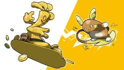 Rule 34 | alolan form, alolan raichu, blacknirrow, coin, creatures (company), electricity, game freak, gen 7 pokemon, gholdengo, gold, gold coin, highres, nintendo, no humans, open mouth, pokemon, pokemon (creature), simple background, smile, surfboard, surfing, treasure chest