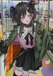 Rule 34 | 1girl, :d, absurdres, belt collar, black bow, black bowtie, black hair, black skirt, black thighhighs, blush, bow, bowtie, coat, collar, cowboy shot, earrings, gishiki (gshk), green coat, hair ornament, hands up, head tilt, highres, indoors, jewelry, long sleeves, looking at viewer, miniskirt, multicolored hair, open clothes, open coat, open mouth, original, pink eyes, pink shirt, shirt, skirt, skull hair ornament, sleeves past wrists, smile, solo, streaked hair, thighhighs, two side up