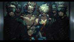 Rule 34 | 6+boys, abs, bakugou katsuki, blonde hair, blood, blood on chest, blood on clothes, boku no hero academia, captured, chain, cuffs, dark-skinned male, dark skin, elevator, facial hair, goggles, handcuffs, highres, kirishima eijirou, letterboxed, looking at another, male focus, multiple boys, pectorals, red eyes, red hair, scallopojisan, scar, scar on stomach, spiked hair, straight-on, stubble, toned, toned male