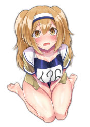 Rule 34 | 1girl, barefoot, breasts, brown eyes, brown jacket, chikage (blackclownery), commentary request, from above, hairband, highres, i-26 (kancolle), jacket, kantai collection, large breasts, light brown hair, long hair, looking at viewer, name tag, new school swimsuit, old school swimsuit, sailor collar, school swimsuit, short sleeves, simple background, sitting, solo, swimsuit, swimsuit under clothes, two-tone hairband, two side up, v arms, wariza, white background, white sailor collar
