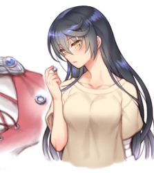 Rule 34 | 1girl, bandaged arm, bandages, black choker, black hair, blouse, blush, choker, cropped torso, folks (nabokof), holding, holding jewelry, holding ring, jewelry, long hair, ring, shirt, simple background, solo, tales of (series), tales of berseria, velvet crowe, very long hair, white background, white shirt, yellow eyes