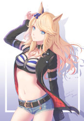 Rule 34 | 1girl, animal ears, arm behind back, arm up, bandeau, belt, black belt, black choker, blonde hair, blue eyes, blue nails, bow, breasts, chain, choker, cleavage, collarbone, commentary request, cowboy shot, cutoffs, dated, denim, denim shorts, drop shadow, ear bow, ear covers, ear ornament, floating hair, gold chain, gold city (umamusume), groin, horse ears, horse girl, horse tail, jacket, long hair, long sleeves, looking at viewer, midriff, multicolored nails, nail polish, navel, open clothes, open jacket, parted lips, partial commentary, red nails, shadow, short shorts, shorts, sidelocks, single ear cover, small breasts, solo, standing, striped bandeau, swept bangs, tail, twitter username, umamusume, yoruno mahiru