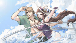 1boy 1girl black_choker black_male_swimwear blonde_hair boat bracelet braid breasts brown_hair choker cloud cloudy_sky collared_shirt green_shirt hat highres holding holding_hat holding_unworn_clothes jewelry kurokawa_karasu link male_swimwear medium_breasts nintendo on_boat one-piece_swimsuit one_eye_closed open_clothes open_mouth open_shirt parted_bangs parted_lips pointy_ears princess_zelda purple_one-piece_swimsuit shirt short_sleeves sidelocks single_braid sky smile sun_hat swept_bangs swimsuit the_legend_of_zelda the_legend_of_zelda:_twilight_princess upper_body