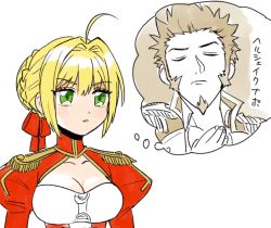 Rule 34 | 1girl, ahoge, blonde hair, blush, breasts, brown hair, cleavage, dress, facial hair, fate/grand order, fate (series), green eyes, hair intakes, long sideburns, long sleeves, medium breasts, napoleon bonaparte (fate), nero claudius (fate), nero claudius (fate) (all), nero claudius (fate/extra), poptepipic, ribbon, shitappa, sideburns, solo, thought bubble, translation request