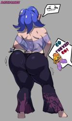 Rule 34 | 1girl, ass, back, blush, bouncing ass, breasts, clothes, english text, female focus, highres, huge ass, jiggle, looking back, nintendo, nipples, pointy ears, rastacakez, shiver (splatoon), small breasts, solo, speech bubble, splatoon (series), splatoon 3, tentacle hair
