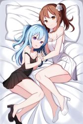 Rule 34 | 2girls, absurdres, bang dream!, bare arms, bare shoulders, bed sheet, black dress, black footwear, blue hair, blush, breasts, brown eyes, brown hair, cleavage, closed mouth, collarbone, commentary request, crossover, dress, fingernails, hair between eyes, high heels, highres, holding hands, idolmaster, idolmaster cinderella girls, interlocked fingers, korean commentary, long hair, lying, matsubara kanon, multiple girls, on side, one side up, open mouth, pillow, pleated dress, purple eyes, sleeveless, sleeveless dress, small breasts, starfox1015, strap slip, takamori aiko, white dress, white footwear