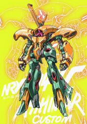 Rule 34 | asshimar, commentary, english commentary, full body, gundam, highres, horns, joints, mecha, mecha focus, mobile suit, negasw, no humans, original, robot, robot joints, single horn, solo, standing, yellow background, zoom layer