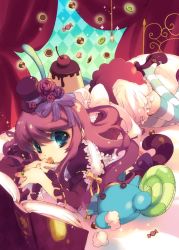 Rule 34 | 1girl, blue eyes, blush, book, dress, frills, gothic lolita, hat, lolita fashion, long hair, looking at viewer, lying, on stomach, pudding, red hair, sagano aoi, solo, stuffed animal, stuffed toy, stuffing, teddy bear, torn