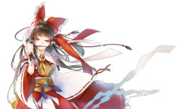 Rule 34 | 1girl, bow, brown hair, detached sleeves, closed eyes, floating hair, frilled bow, frills, hair bow, hair over mouth, hair ribbon, hair tubes, hakurei reimu, hand in own hair, japanese clothes, kimono, long hair, mochinue, red bow, red kimono, ribbon, ribbon-trimmed sleeves, ribbon trim, signature, simple background, solo, standing, touhou, white background, white ribbon