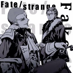 Rule 34 | 2boys, alexandre dumas (fate), antique phone, buzz cut, chair, coat, copyright name, elbow rest, fate/strange fake, fate (series), fur collar, high contrast, highres, holding, holding phone, male focus, monochrome, multiple boys, orlando reeve, phone, redoxhn, rotary phone, scar, short hair, sitting, very short hair