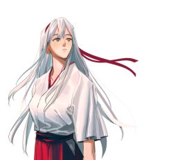Rule 34 | 1girl, commentary request, hairband, hakama, hakama short skirt, hakama skirt, headband, hoshi (liujingxing333), japanese clothes, kantai collection, kimono, long hair, looking up, red hakama, red headband, shoukaku (kancolle), simple background, skirt, solo, white background, white hair, white kimono