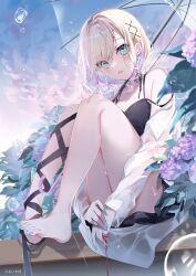 Rule 34 | 1girl, aqua nails, bare shoulders, barefoot, black dress, black ribbon, blonde hair, blue sky, blurry, blurry foreground, breasts, cleavage, coat, collarbone, day, dress, full body, green eyes, highres, holding, holding umbrella, kurumi noah, lab coat, leg ribbon, looking at viewer, miwano rag, off shoulder, open clothes, open coat, outdoors, own hands together, parted lips, plant, purple sky, ribbon, sample watermark, see-through, see-through coat, see-through sleeves, short dress, sidelocks, sitting, sky, small breasts, solo, transparent, transparent umbrella, umbrella, virtual youtuber, vspo!, water drop, watermark