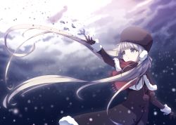 Rule 34 | 1girl, bad id, bad pixiv id, black gloves, black hat, blush, capelet, coat, earmuffs, flower, fur trim, gloves, hat, kokkeina budou, kyouou ena, light purple hair, long hair, original, outdoors, outstretched arm, petals, red scarf, scarf, snow, solo, twintails, very long hair, wind