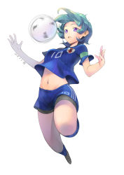 Rule 34 | 1girl, 2018 fifa world cup, absurdres, ball, belly, blue hair, highres, japan, jumping, navel, outstretched arms, purple eyes, smile, soccer, soccer ball, soccer uniform, solo, sportswear, spread arms, stomach, world cup