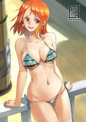Rule 34 | 1girl, bikini, breasts, cleavage, highres, konohana, large breasts, legs, looking at viewer, nami (one piece), navel, one piece, open mouth, short hair, smile, swimsuit, tagme, thighs