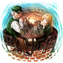 Rule 34 | 1boy, 1girl, battle, black pantyhose, blonde hair, board game, chair, chess, facial hair, gendou pose, green eyes, hands clasped, hat, highres, horse, interlocked fingers, knight, lain, long hair, long sleeves, mustache, original, own hands clasped, own hands together, pants, pantyhose, shirt, sitting, skirt, smile, sword, table, tower, vest, weapon, white hair