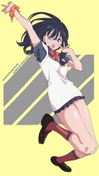 Rule 34 | 1girl, arm up, black hair, full body, gridman universe, highres, one eye closed, saito aoba, shoes, smile, socks, solo, ssss.gridman, takarada rikka, thighs, twitter, yellow background