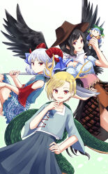 Rule 34 | 3girls, bare shoulders, black hair, black wings, blonde hair, blue shirt, brown headwear, collarbone, cowboy hat, detached sleeves, doll, dragon girl, dragon tail, earrings, feathered wings, frilled sleeves, frills, hand on own hip, haniyasushin keiki, hat, highres, holding, holding doll, holding spork, horns, horse girl, jewelry, kachuten, kicchou yachie, kurokoma saki, looking at viewer, multiple girls, oversized object, pointy ears, red horns, red sleeves, sheep girl, shirt, smile, spork, tail, touhou, toutetsu yuuma, white background, wings
