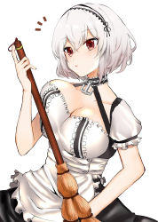Rule 34 | 1girl, anchor, azur lane, blush, breasts, broom, choker, cleavage, collarbone, dress, hair between eyes, hairband, highres, holding, lace-trimmed hairband, lace trim, large breasts, looking at viewer, puffy sleeves, red eyes, ribbon, short hair, short sleeves, sidelocks, sirius (azur lane), solo, white hair