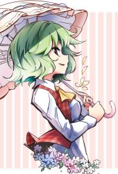 Rule 34 | commentary request, fifiruu, flower, from side, green hair, holding, holding umbrella, kazami yuuka, long sleeves, parasol, petals, plaid, plaid vest, profile, red eyes, red vest, shirt, short hair, simple background, striped, striped background, touhou, umbrella, upper body, vest, white shirt, yellow neckwear