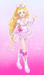 Rule 34 | 1girl, :d, blonde hair, boots, bow, braid, character name, choker, collarbone, crown braid, cure rhythm, dress, earrings, hair bow, heart, heart earrings, highres, jewelry, knee boots, layered dress, long hair, looking at viewer, open mouth, pink bow, precure, short dress, short sleeves, smile, solo, suite precure, usiusi nanas, very long hair, white bow, white choker, white dress, white footwear, yellow eyes