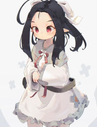 Rule 34 | 1girl, absurdres, ahoge, belt, black hair, bow, capelet, cowboy shot, dress, expressionless, forehead, grey capelet, hair bow, highres, long hair, long sleeves, nep (nep 76), original, pointy ears, red eyes, sidelocks, simple background, solo, white background, white bow, white dress, wide sleeves