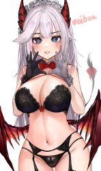 Rule 34 | 1girl, asymmetrical gloves, bad id, bad pixiv id, bare arms, bare shoulders, black bra, black gloves, black panties, blue eyes, blush, bow, bowtie, bra, breasts, character name, cleavage, cowboy shot, demon girl, demon horns, demon tail, eyeshadow, garter belt, gloves, groin, heart, heart hands, highres, horns, large breasts, long hair, looking at viewer, maid headdress, makeup, mismatched gloves, mookie (e mook9), navel, panties, parted lips, red bow, red ribbon, red wings, ribbon, silver hair, solo, stomach, tail, underwear, underwear only, v-shaped eyebrows, vei (vtuber), vei (vtuber) (4th costume), very long hair, virtual youtuber, vshojo, white gloves, wide hips, wings